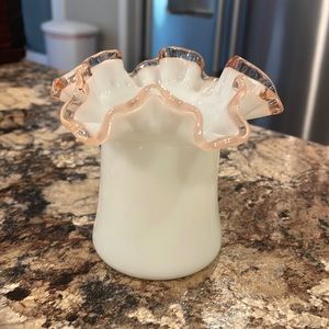 Antique milk glass with pink ruffle rim